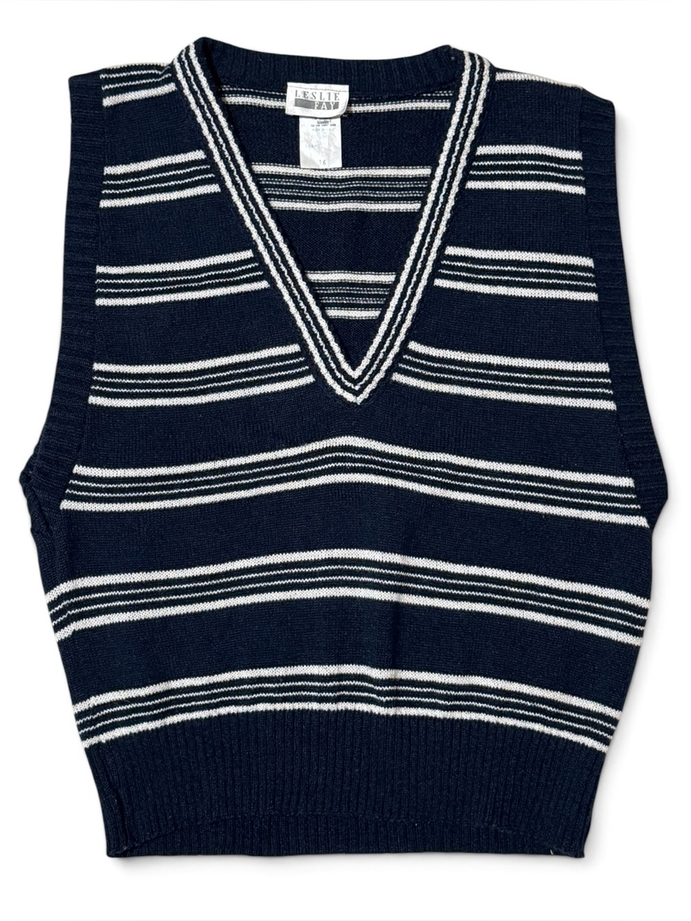 Vintage 80s/90s Leslie Fay Striped Sweater Vest Navy Blue White Size 16